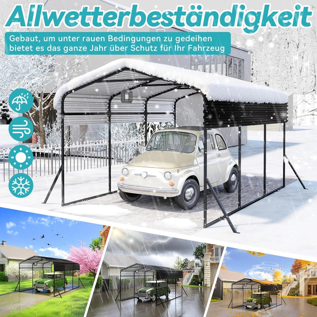 Tettoia per auto in metallo, 300 x 450 cm, con tetto a punta in lamiera trapezoidale, stabile, riparo auto, protezione solare e resistente alle intemperie