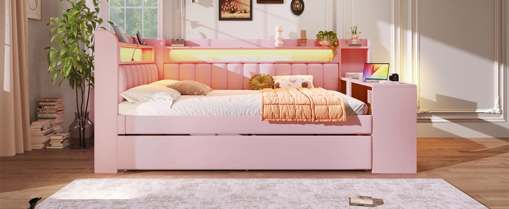 Daybed imbottito con USB, LED, letto estraibile e scrivania, 140x200 cm, rosa