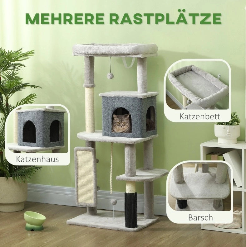 Tiragraffi per gatti 132 cm grigio chiaro con cuccia e piattaforme