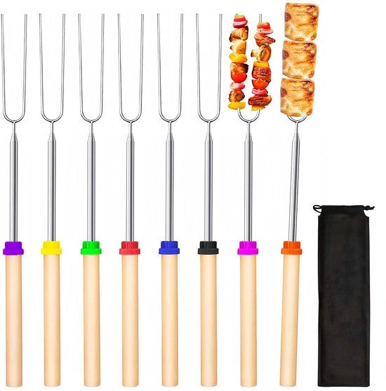 Set di 8 spiedi telescopici, estendibili da 31 a 81 cm, spiedi per barbecue in acciaio inossidabile, forchetta per barbecue, acciaio inossidabile, estendibili, per camping, barbecue, esterno