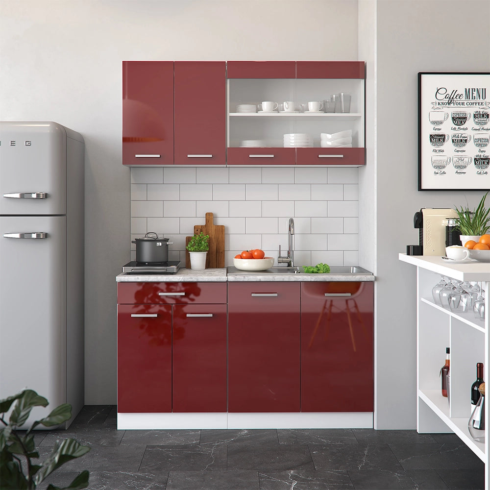 Vicco Cucina monoblocco Rosso lucido/bianco 140 cm senza piano di lavoro