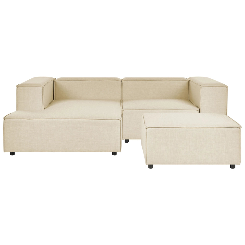 Divano ad angolo 2 posti in lino beige nero con poggiapiedi destro modulare stile moderno contemporaneo