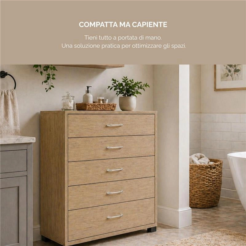 CASSETTIERA 5 CASSETTI IN LEGNO CON PIANO D'APPOGGIO COLORE ROVERE DIMENSIONI 68X40X101CM