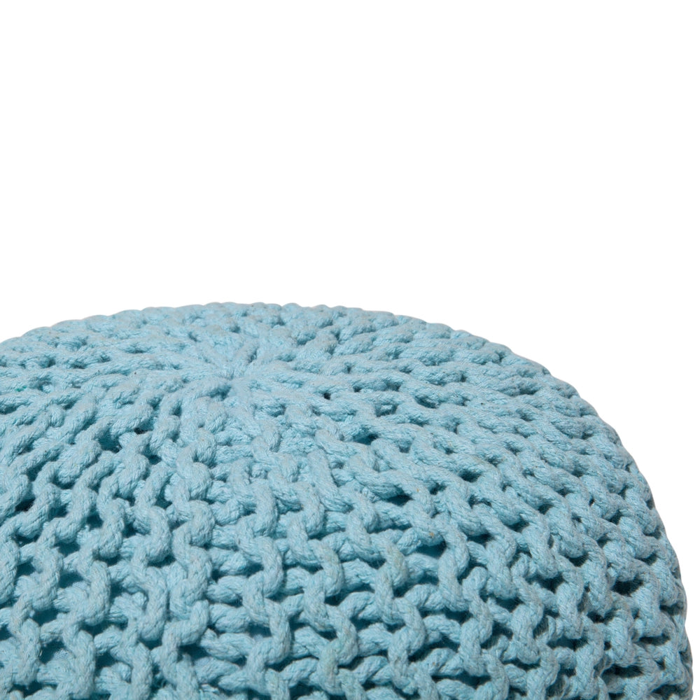 Pouf ottomana azzurro in cotone lavorato a maglia perline EPS riempimento rotondo piccolo poggiapiedi 40 x 25 cm