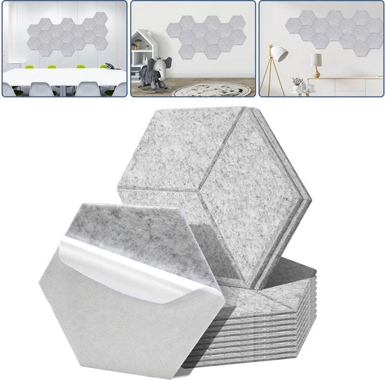 12 pezzi di pannelli acustici a forma di esagono, autoadesivi, isolamento acustico con velluto, pannello per parete, colore chiaro grigio.