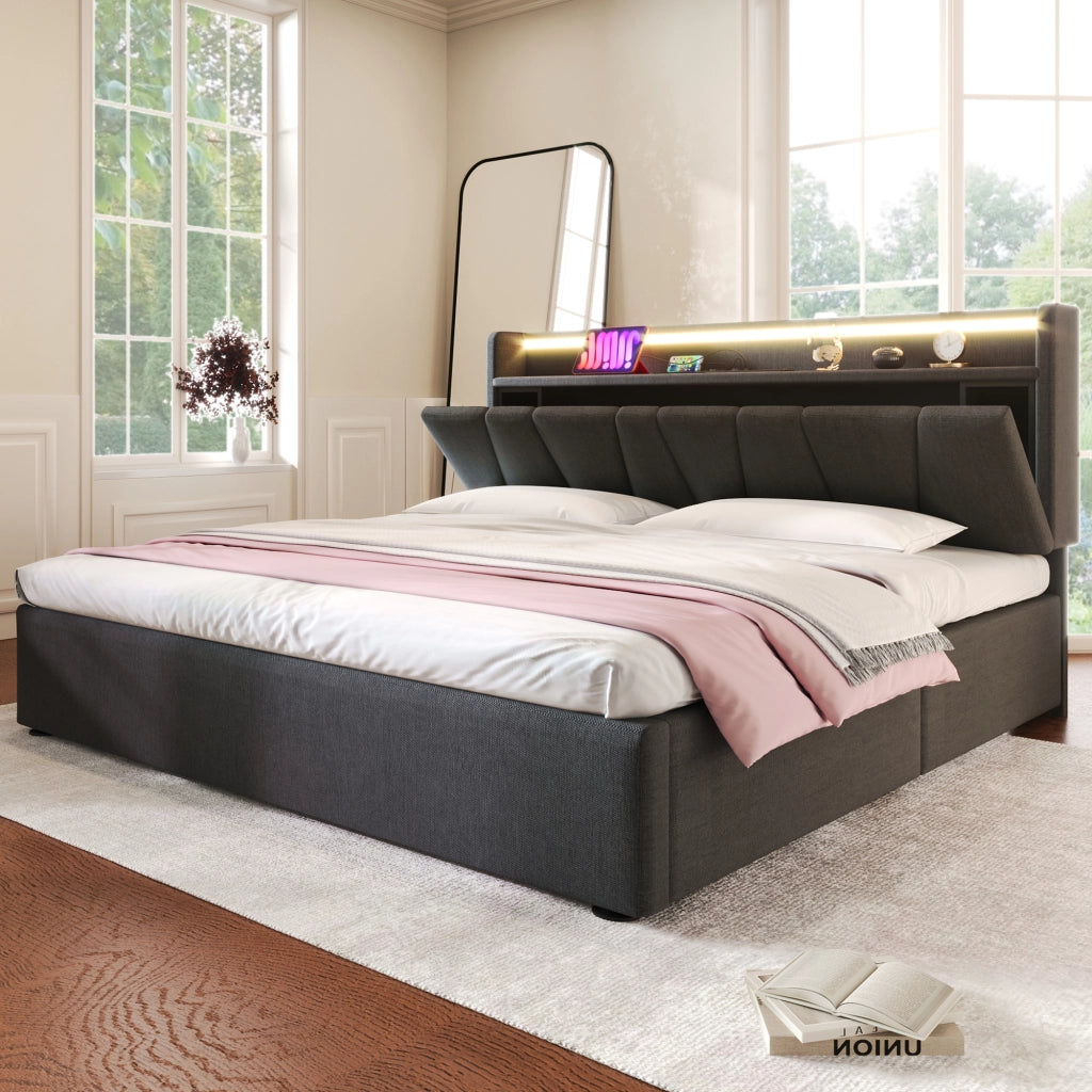 Letto matrimoniale grigio 140x190 testiera contenitore USB LED doghe in legno