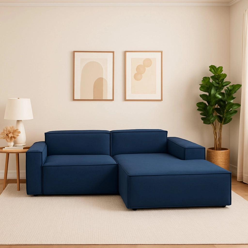 Divano fisso Amuleto, Divano componibile a 2 posti con penisola destra, Made in Italy, SofÒ  moderno in tessuto, Cm 220x170h70, Blu