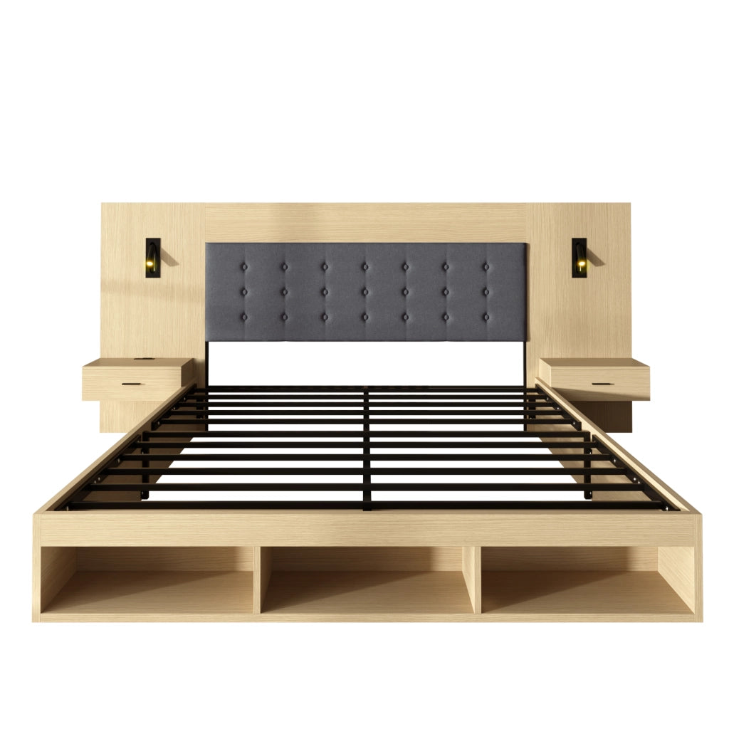Letto Contenitore 160x200 cm; USB; Type-C e Lampade da Lettura in MDF Light Oak