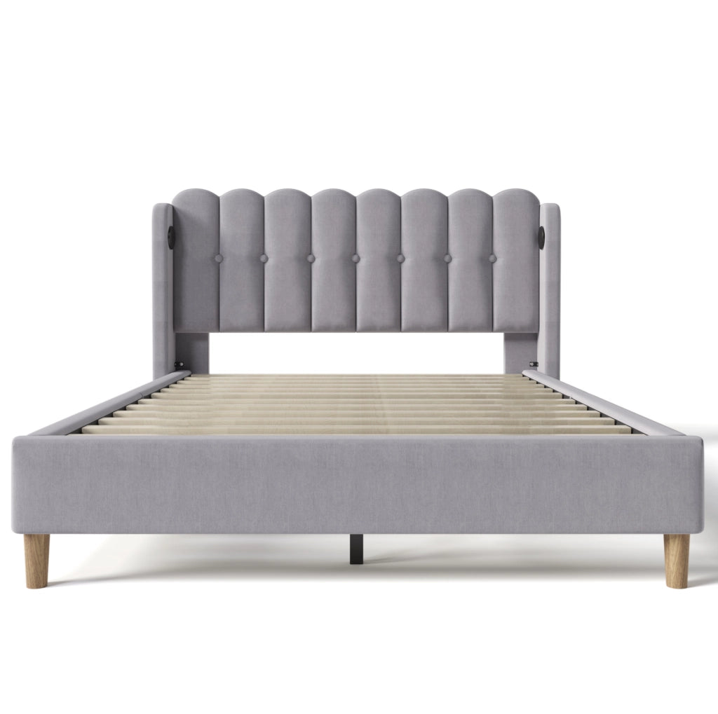 Letto imbottito 160x200 cm con ricarica USB+Type-C in lino grigio