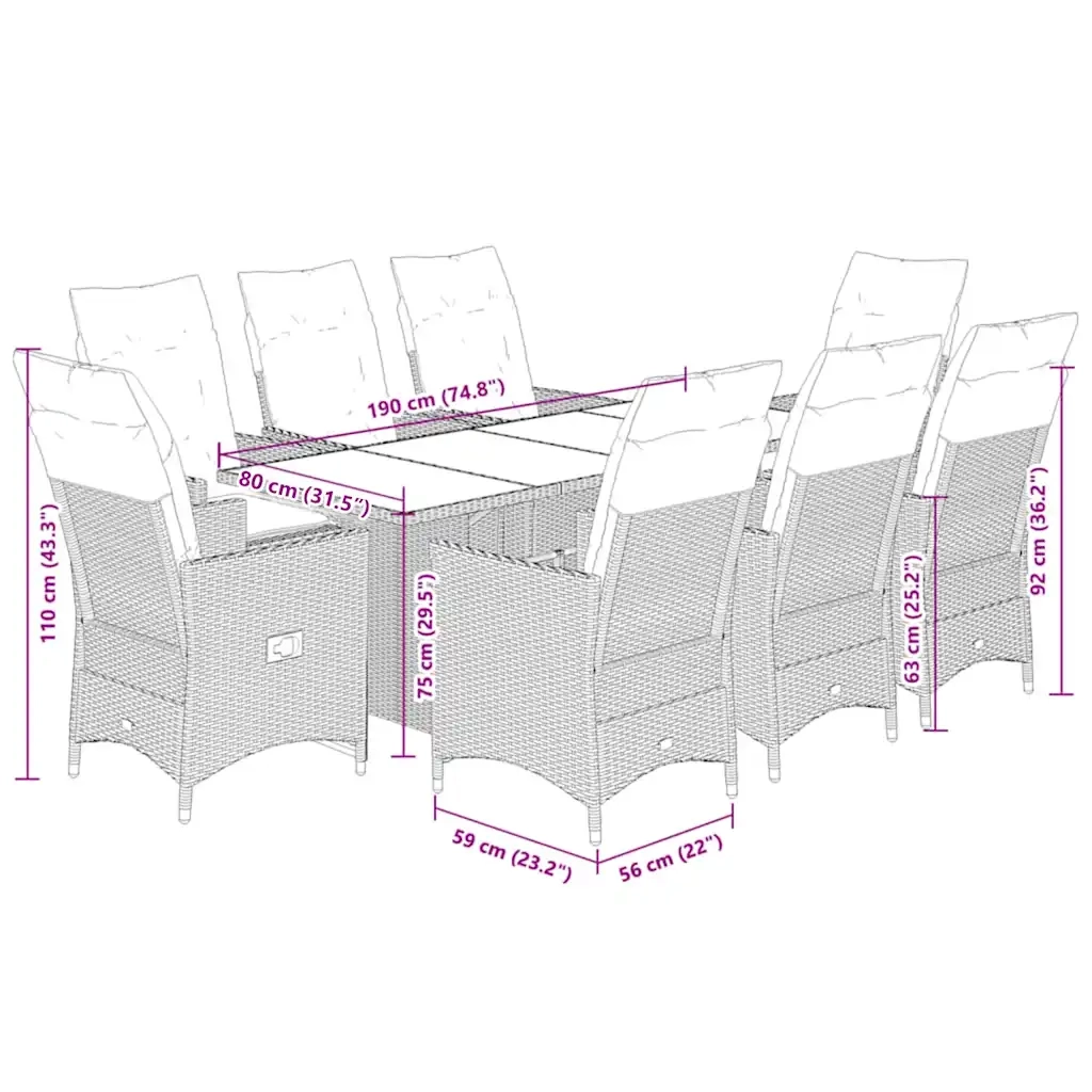 vidaXL Set da Pranzo da Giardino 9 pz con Cuscini in Polyrattan Grigio