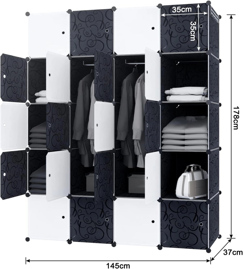 Armadio Nero Bianco Guardaroba Scaffale Componibile con 20 Cubi DIY Armadietto Modulare in Plastica con Scaffalatura, 145 cm di Larghezza