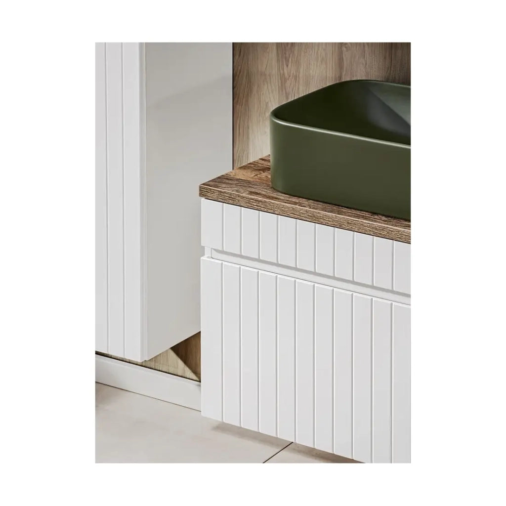 Insieme ICON bianco: mobili sotto lavabo 180cm con nicchie visibili + due lavabi da appoggio verdi + specchi + LED + colonna