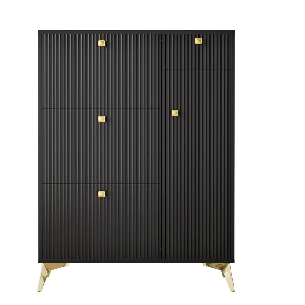 Scarpiera moderna stretta con 3 ante ribaltabili, 1 cassetto e 1 sportello, colore nero, 90 x 25 x 121 cm