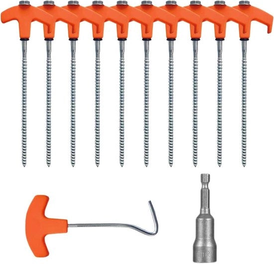 Accessori per tende da campeggio - 10 stecche in acciaio per campeggio 8 x 200 mm - Incluso strumento per stecchi e punterello per trampolini e tende da campeggio.