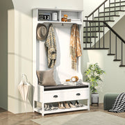 Appendiabiti da ingresso 2 in 1 con panca porta scarpe, ripiani e cassetti, struttura in MDF, bianco