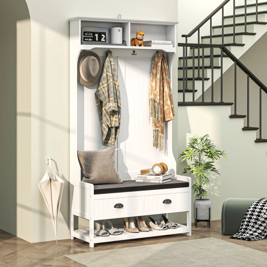 Appendiabiti da ingresso 2 in 1 con panca porta scarpe, ripiani e cassetti, struttura in MDF, bianco