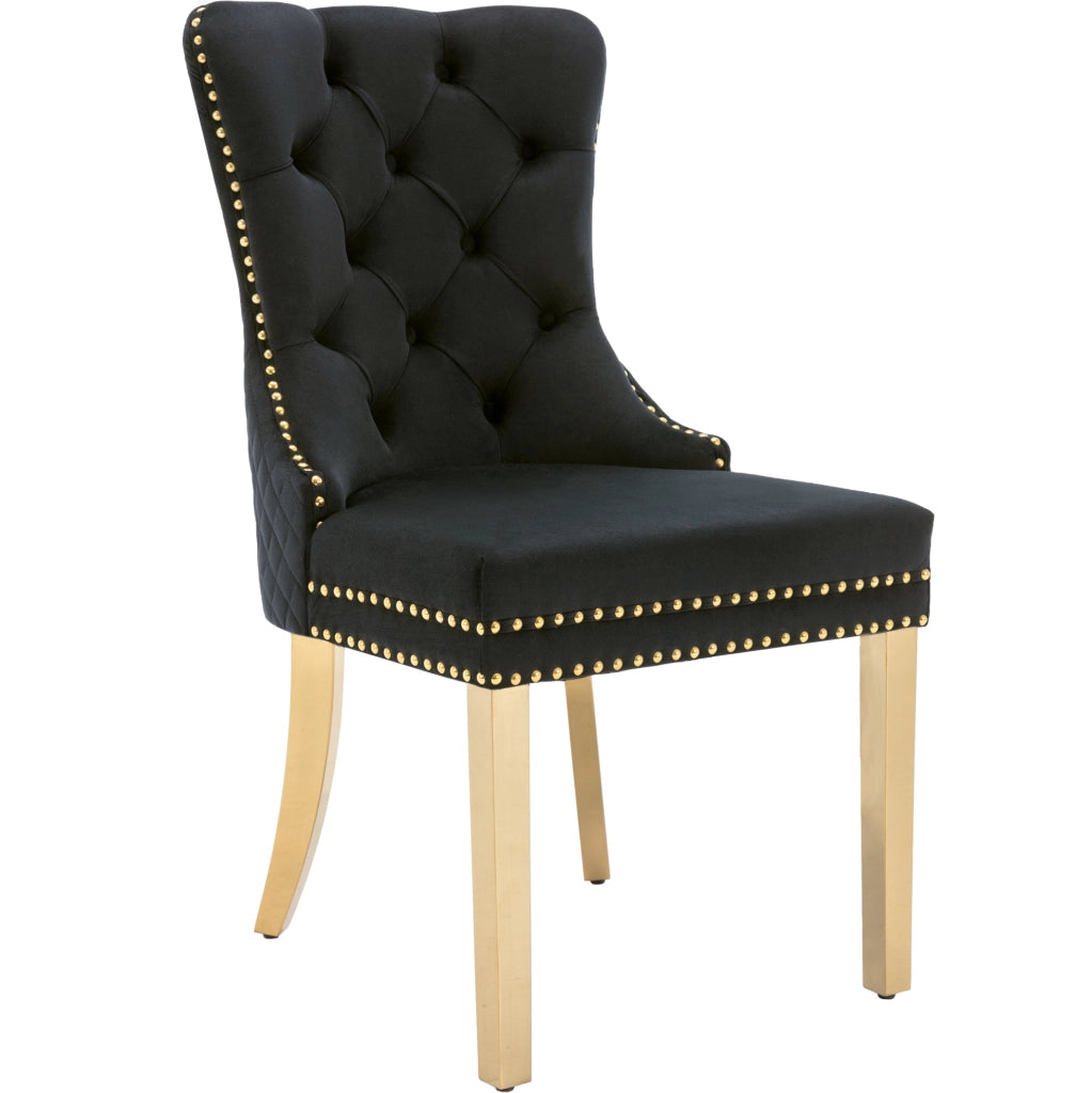 Sedia da pranzo con schienale decorativo e rivetti; 50.5 x 45 x 95 cm; in velluto nero