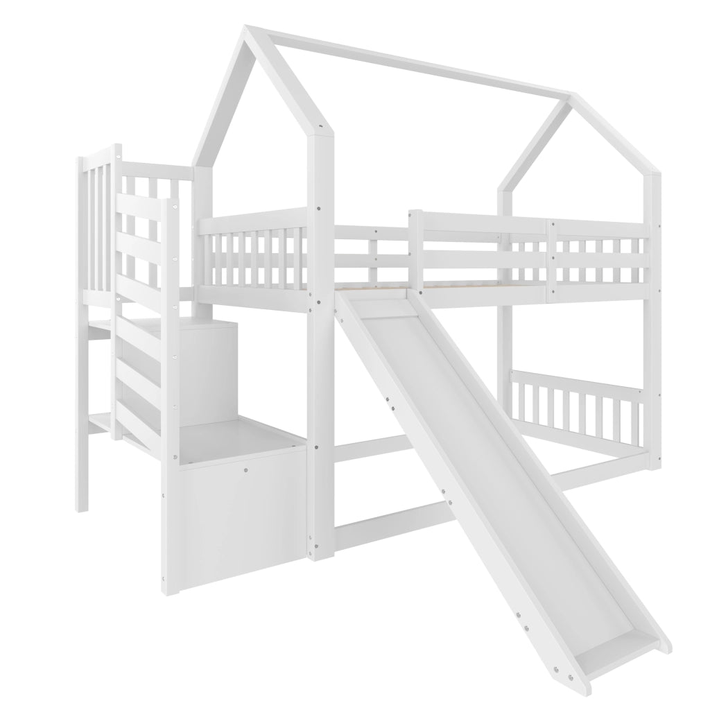 Letto a soppalco per bambini 90x200 cm in legno di pino e MDF, con scivolo e scala contenitore, bianco