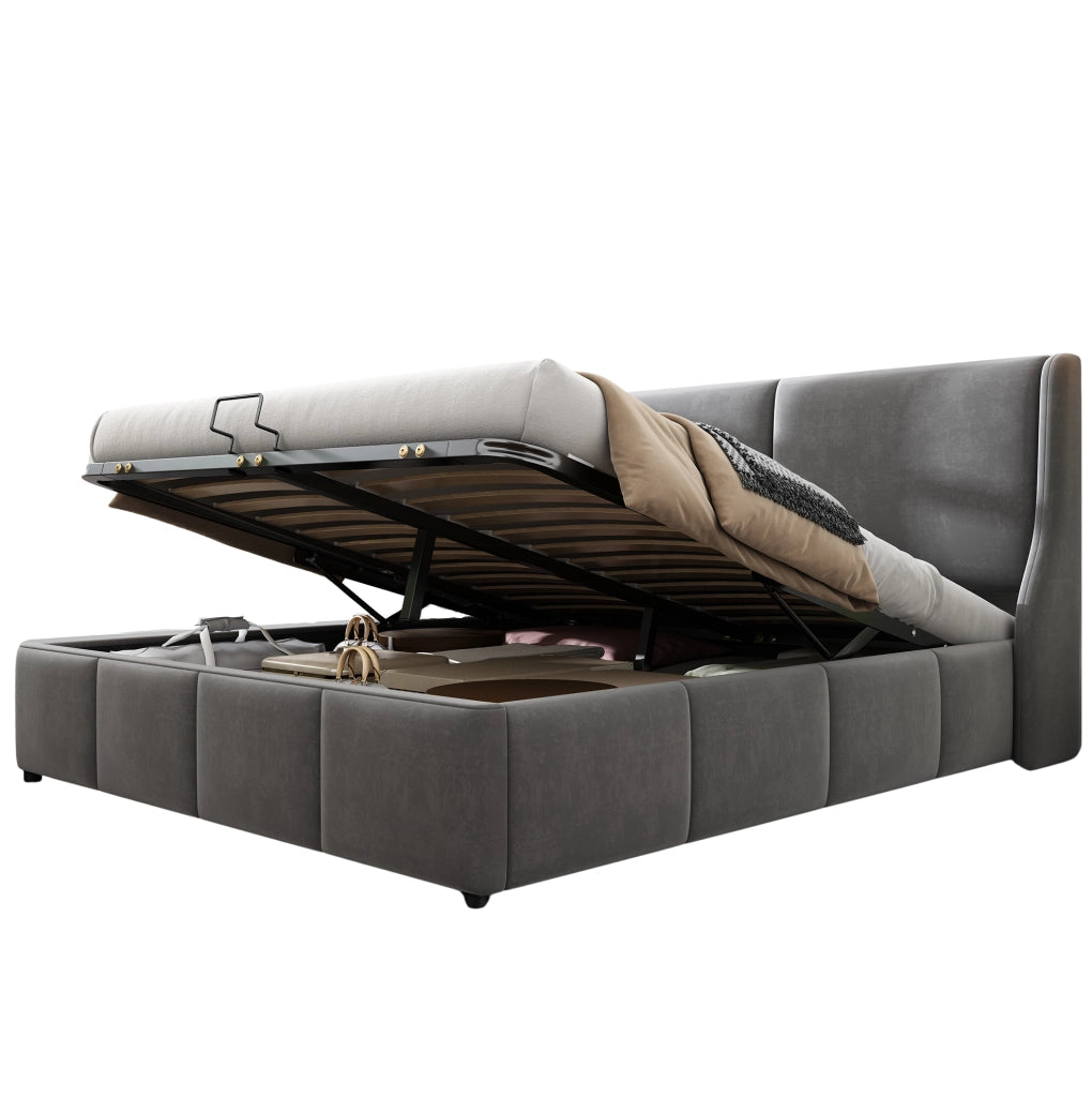 Letto matrimoniale imbottito 180x200 cm grigio con contenitore e rete a doghe
