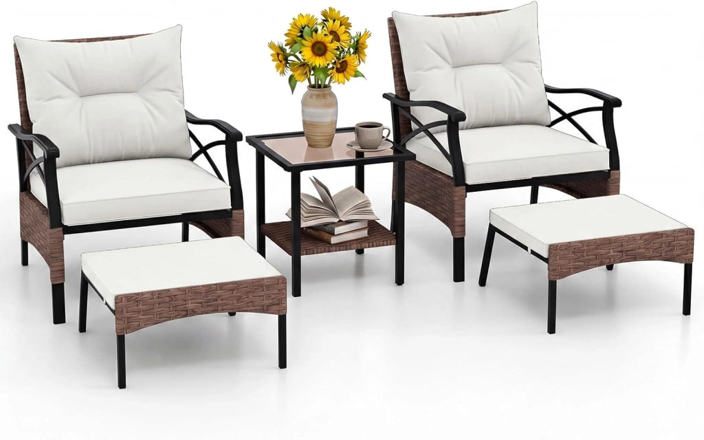 Set di mobili da giardino in rattan, per balconi, balconi, terrazze, 2 poltrone con sgabello, con cuscino, set di mobili da balcone per 2 persone (Beige)