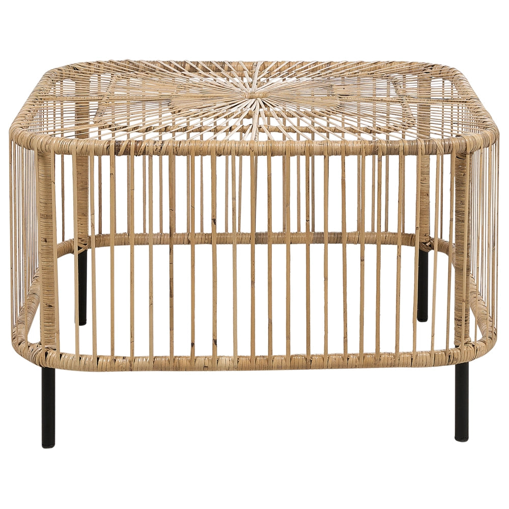 Set di divani a 4 posti in rattan naturale beige chiaro con cuscini in cotone con 3 tavolini per interni e per esterni stile bohémien giardino balcone.