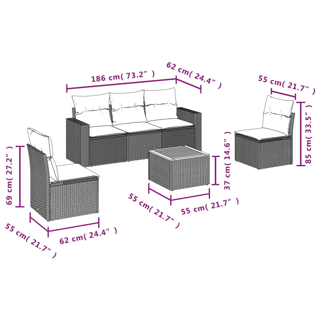 Set Divano da Giardino 6 pz con Cuscini Beige in Polyrattan