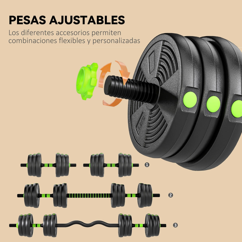 Set di manubri regolabili 20 kg 3 in 1 ¨C zephmum ¨C verde con barre di connessione e maniglie antiscivolo