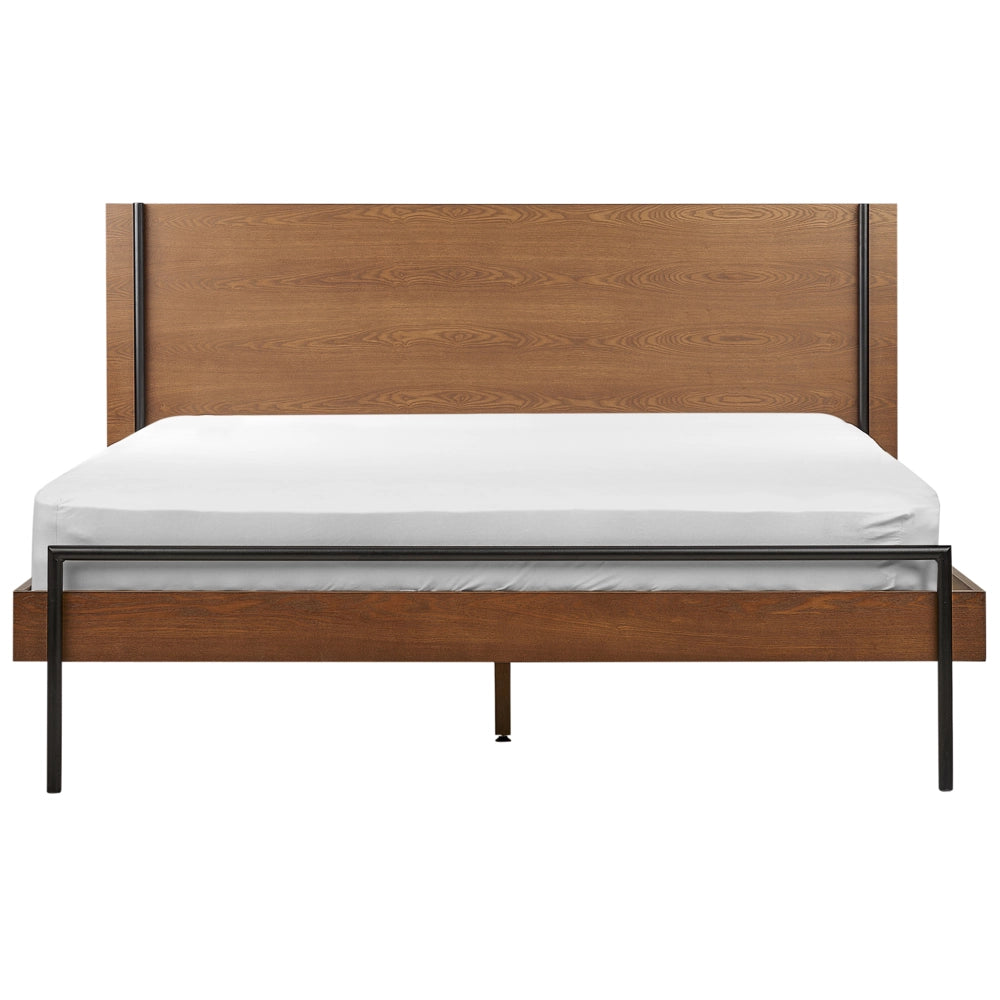 Letto 160 x 200 cm in frassino scuro con rete a doghe e testiera gambe in metallo nero