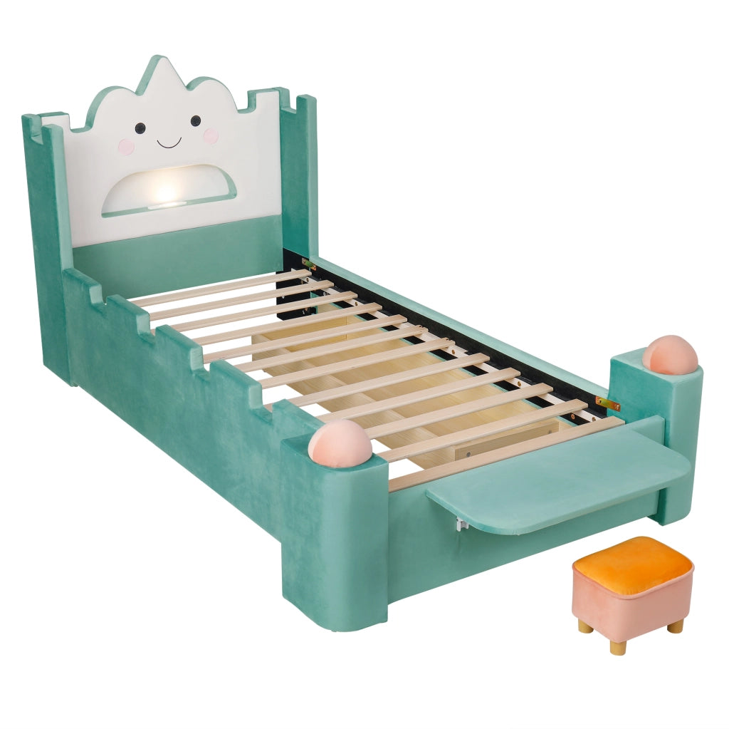 Letto imbottito 90x200 cm con lampada LED; USB e cassetto in velluto blu-verde