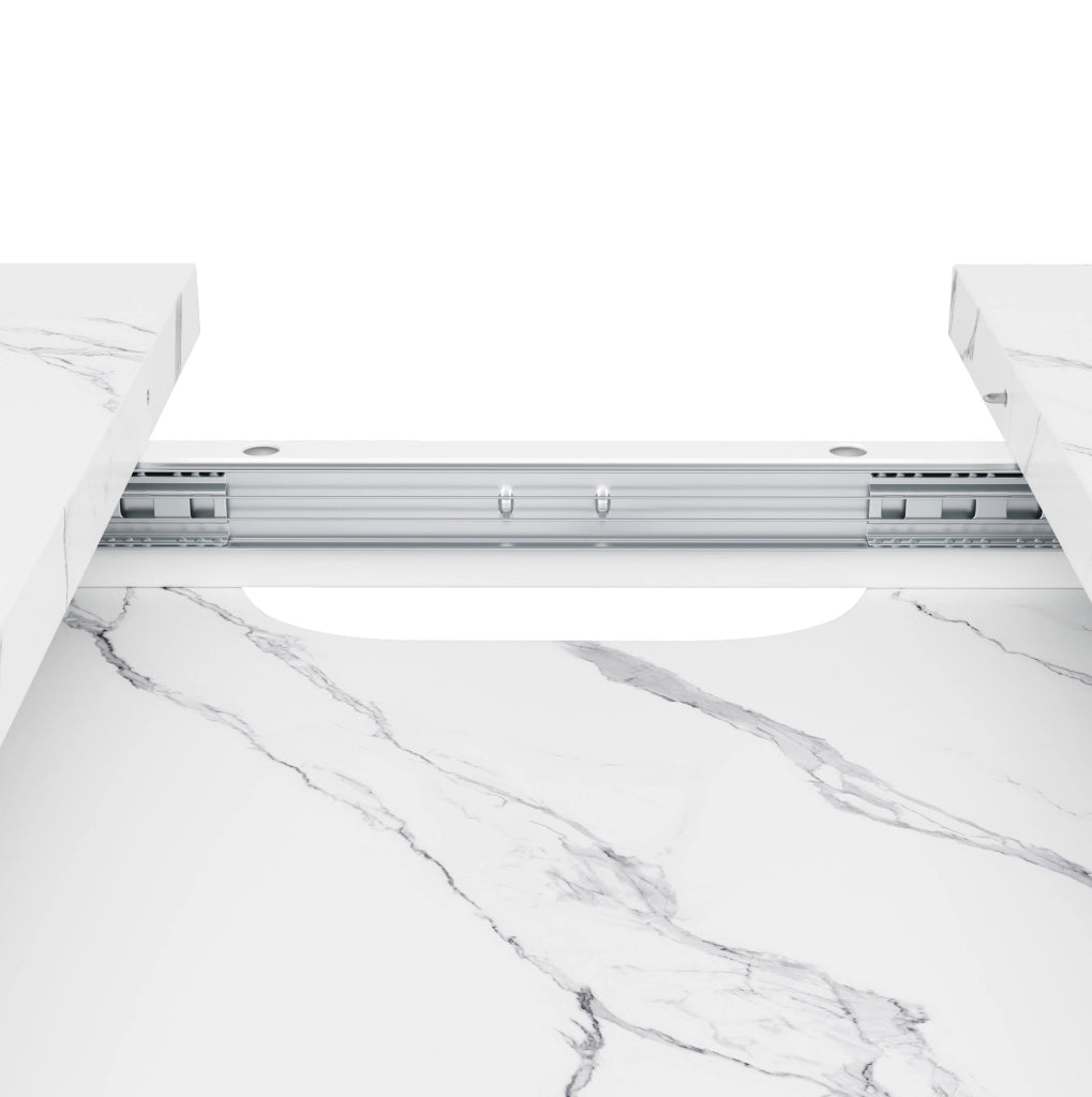 Tavolo da pranzo allungabile 120(160)x80x76 cm con piano effetto marmo; MDF e metallo bianco