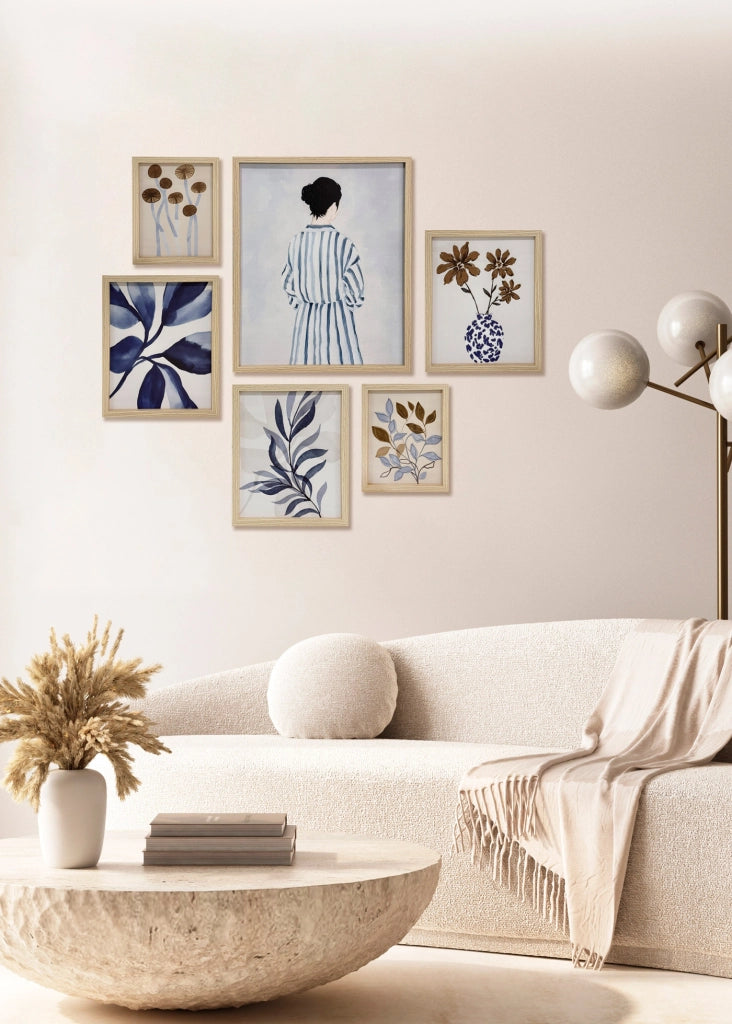 Set 6 stampe Hispanohogar incorniciati botaniche blu e beige 50x40