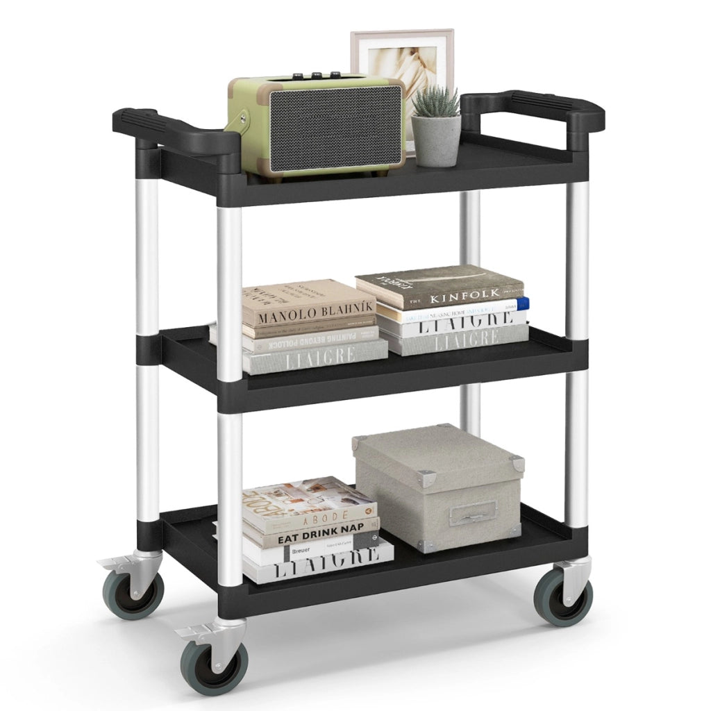 Carrello di servizio resistente con ruote bloccabili doppie maniglie in alluminio, Carrello a 3 livelli per magazzino ufficio cucina Nero-Carrelli
