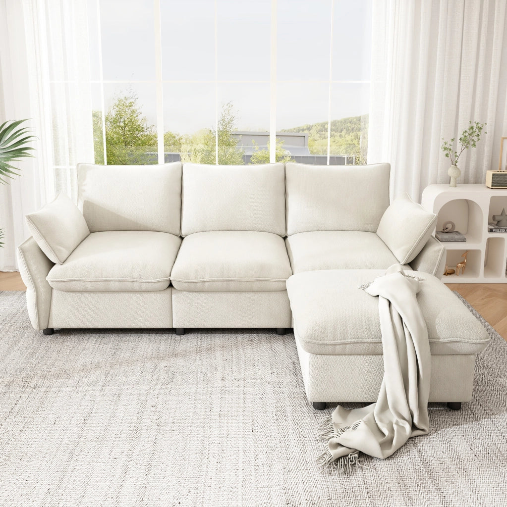 Divano angolare a L in chenille beige con pouf e 2 cuscini, 222,5 x 154,5 cm
