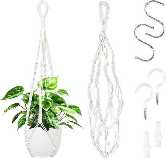 Due pezzi di appesi fiori - appeso interno a macramé - 60 cm - appoggio piante con ganci metallici - lampada da parete a macramé - corda di cotone - appoggio per dentro e fuori - giardino