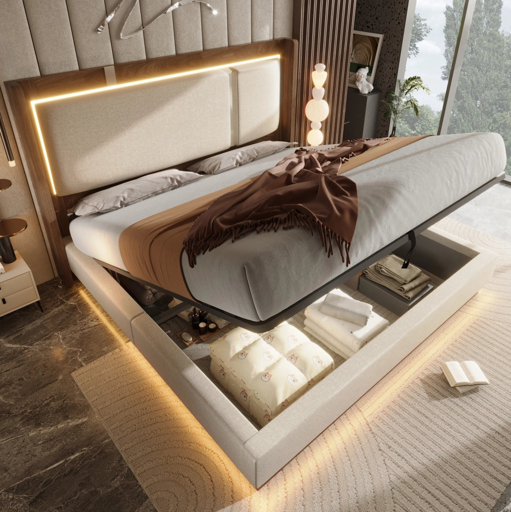 Letto imbottito 140x200 cm con LED e contenitore idraulico in lino, beige e noce