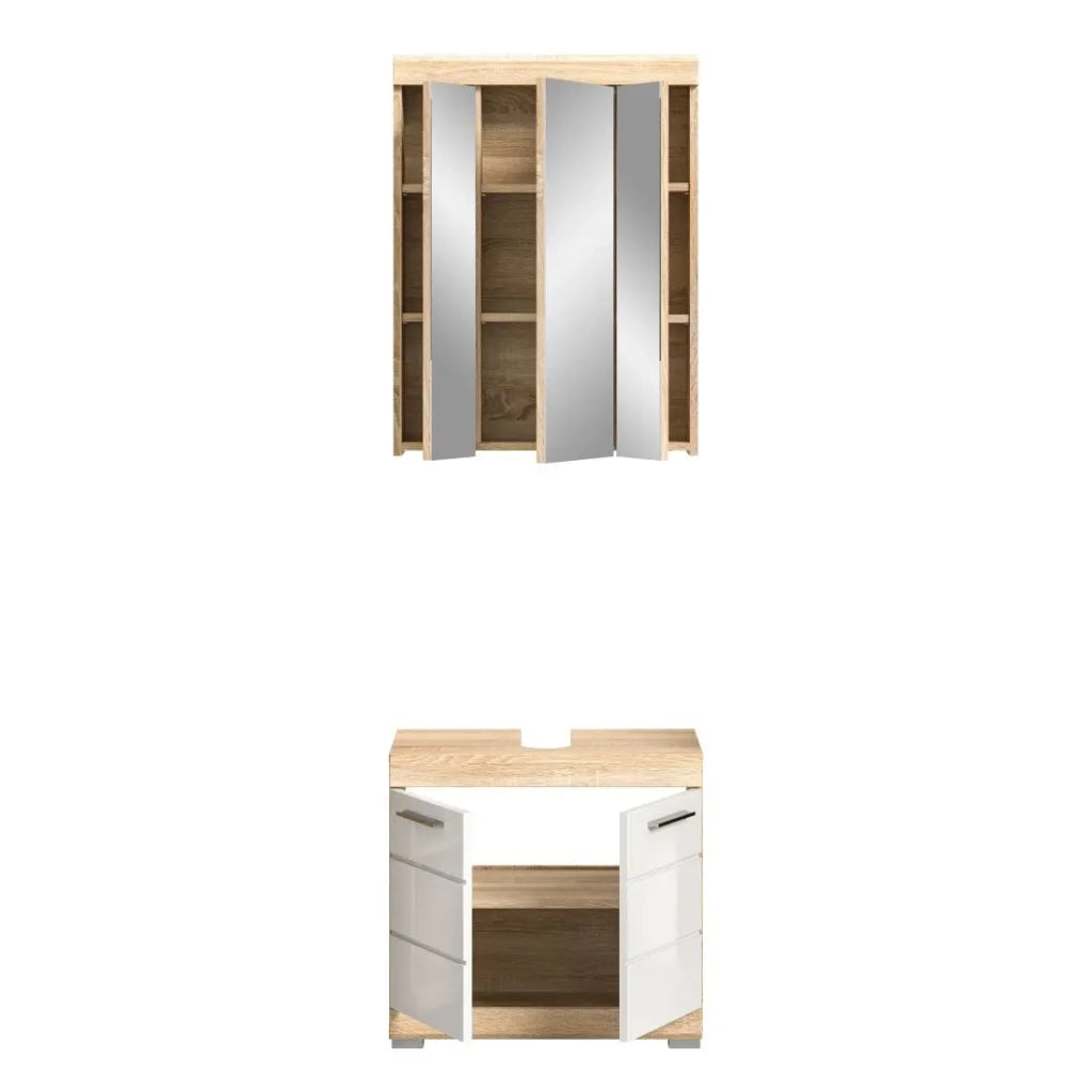 Set di mobili da bagno RIDLEY – Mobile sotto lavabo e armadietto specchio – Bianco e rovere chiaro