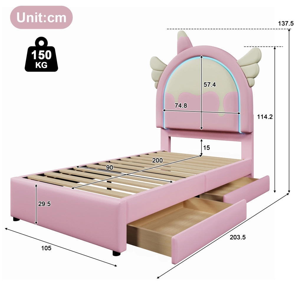 Letto Singolo per Bambini 90 x 200 cm con 2 Cassetti e Barra Luminosa; Forma Unicorno; senza Materasso; PU; Rosa