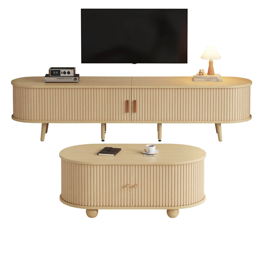 Set mobile TV e tavolino in MDF noce chiaro con contenitore