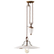 Lampadario Vintage Country Saliscendi Ferro E Ceramica Bianco 1 Luce E27