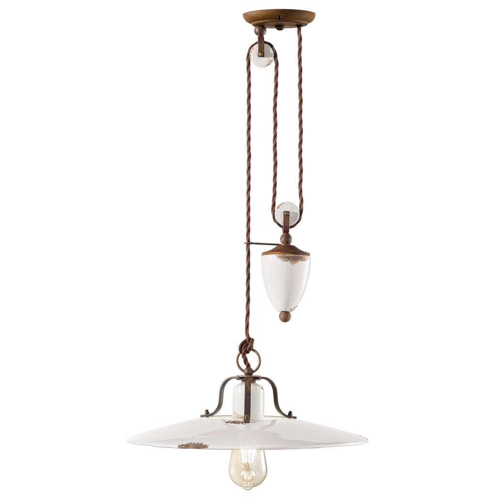 Lampadario Vintage Country Saliscendi Ferro E Ceramica Bianco 1 Luce E27