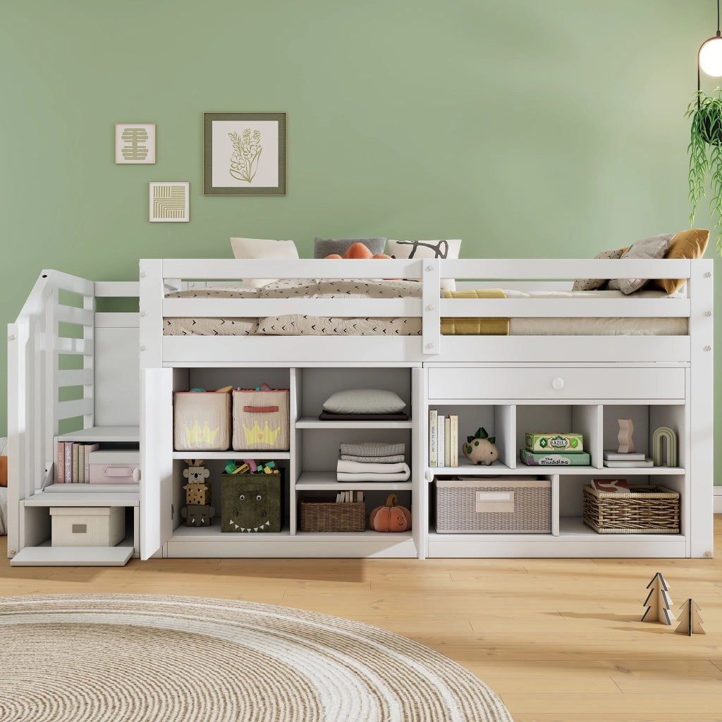 OKWISH Letto Bambino 90×200 cm, Letto Singolo con Scala, Contenitore, Cassetto Reversibile e Scrivania Ribaltabile, senza Materasso, Bianco