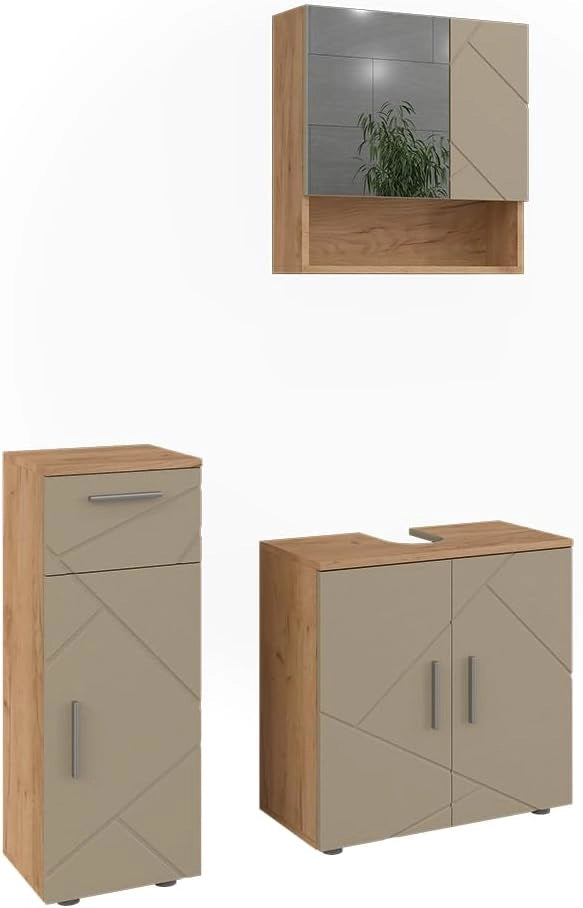 Set di mobili da bagno Irma, Beige, 60 cm, composto da mobile sottolavabo, specchiera e mobile medio
