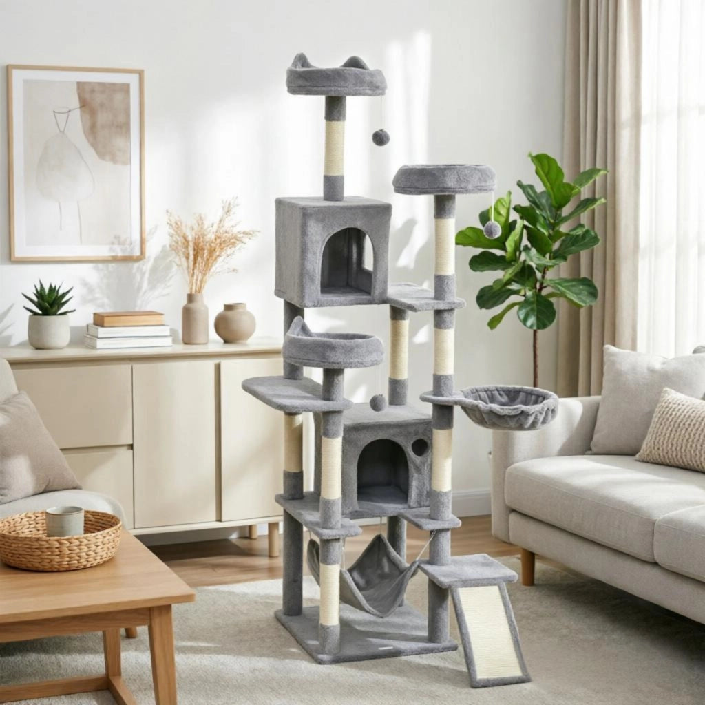 Albero tiragraffi a torre per gatti, con 8 pali per graffiare, 4 piattaforme, 2 nicchie, scaletta e 3 palline gioco, altezza totale 192 cm.