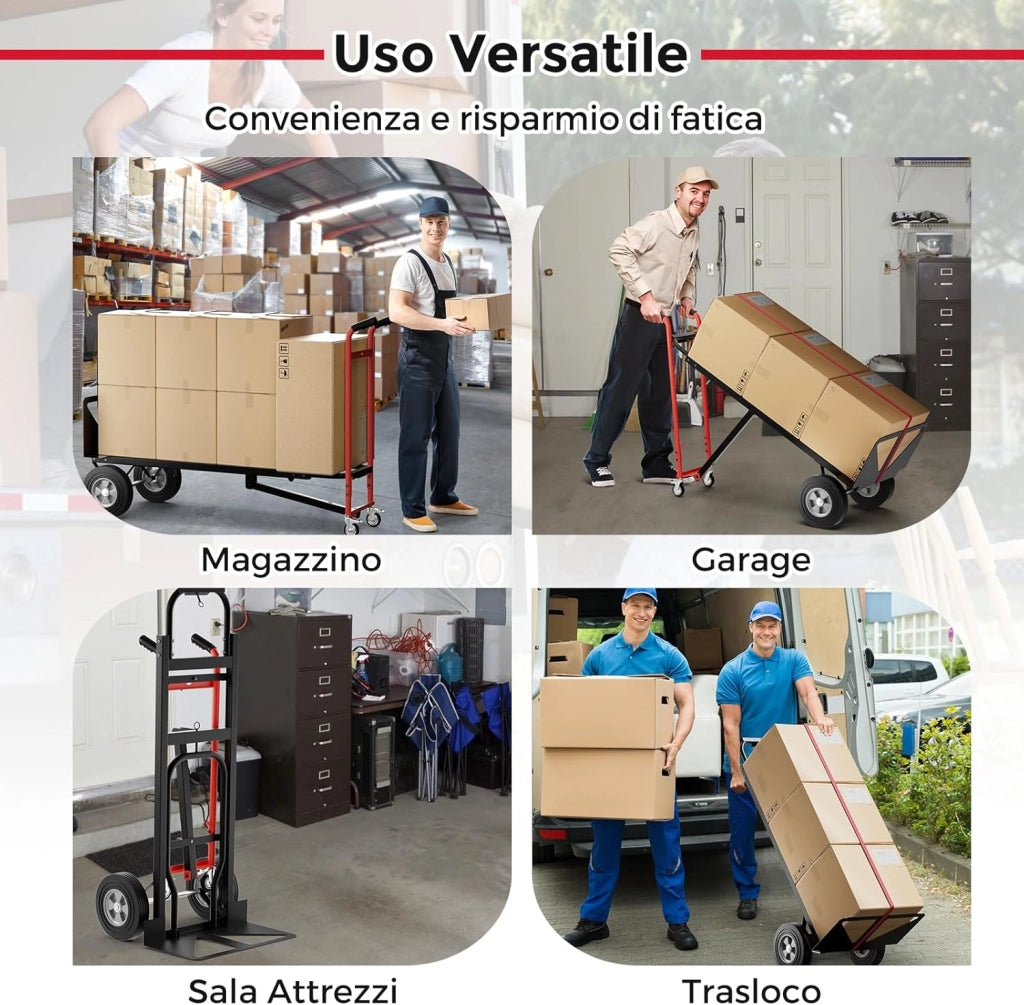3 in 1 Carrello a Mano, Carrello Portapacchi con 4 Ruote in Gomma, Carrello Pieghevole per Trasporto e Spostamento in Magazzino, Casa, Portata Massima 450 kg (Rosso)