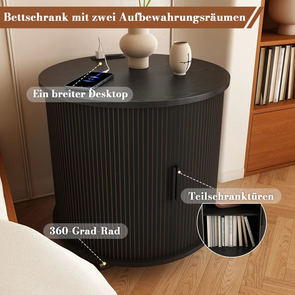 Comodino cilindrico stile mid-century con presa e 2 porte USB, anta scorrevole e vano contenitore, nero, 60 × 60 × 60 cm