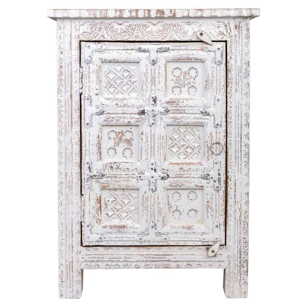 Comodino artigianale in legno con 1 anta, bianco, 53x40x73h cm