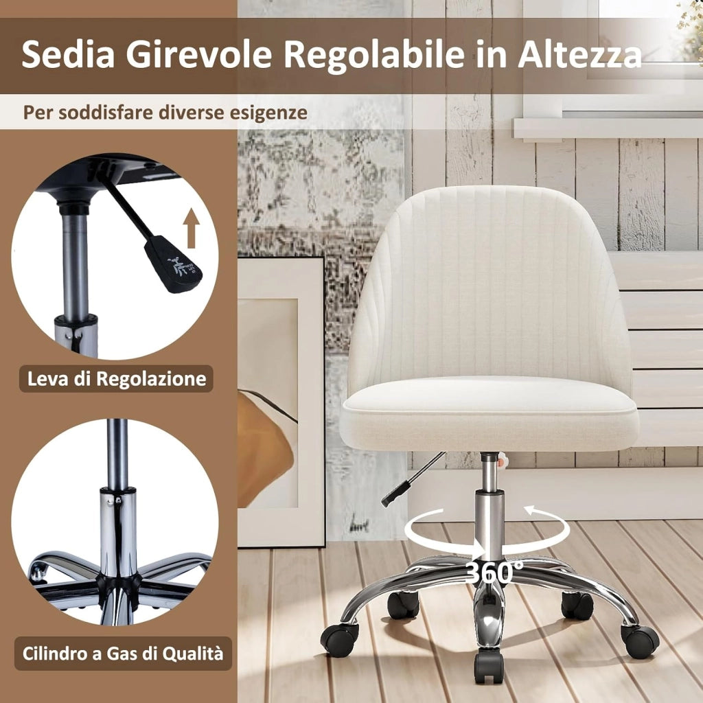Sedia da Ufficio, Sedia da Scrivania Moderna senza Braccioli, con Schienale Curvo e Seduta Imbottita, Regolabile in Altezza con Rotelle Lisce per Camera da Letto (Beige)