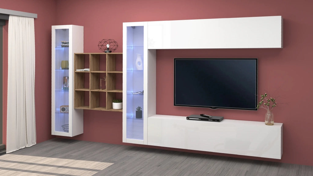 Parete attrezzata TV pensile bianco 2 vetrine libreria 9 ripiani Eron WH