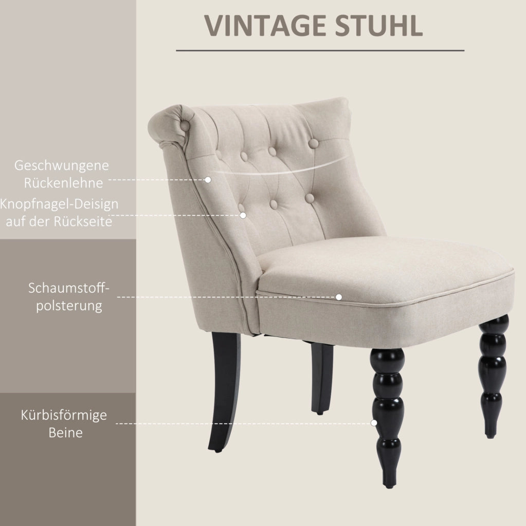 Poltrona vintage beige in lino con struttura in legno