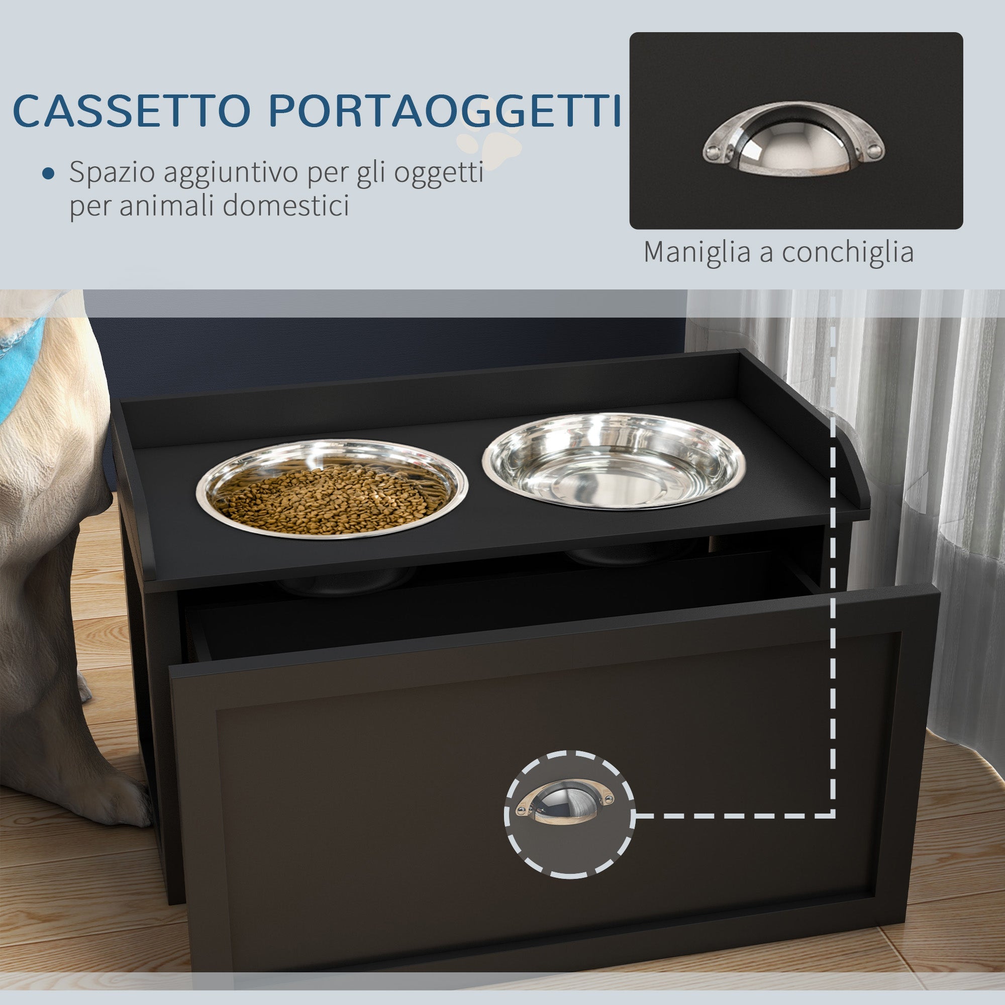 Ciotole per Cani Rialzate 60x30x36 cm in Acciaio Inox e Legno con Cassetto Nero